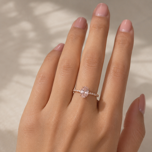 Monet Garden summer new light pink pigeon egg zircon ring, high-end diamond-row ring for women
